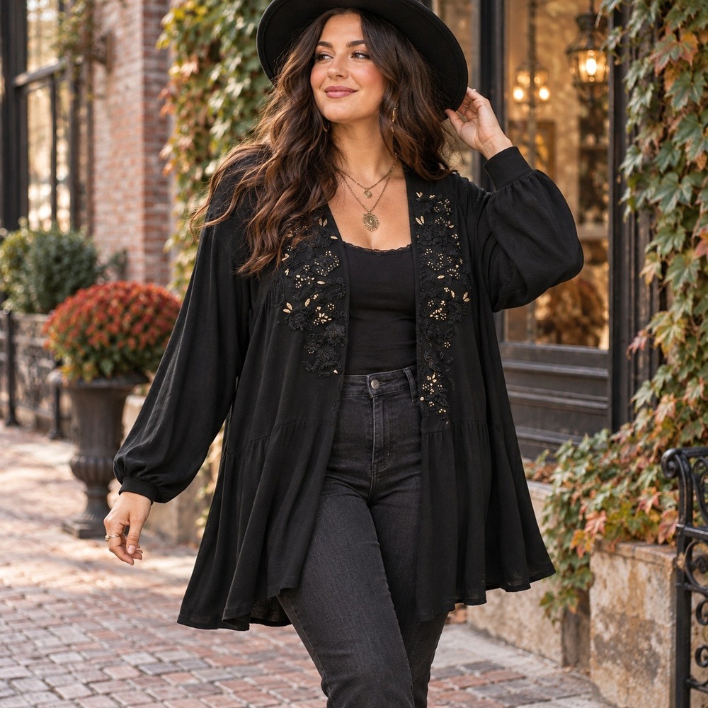 Torrid Black Embroidered Beaded Open Front Cardigan Kimono Top Size 0 Large XL